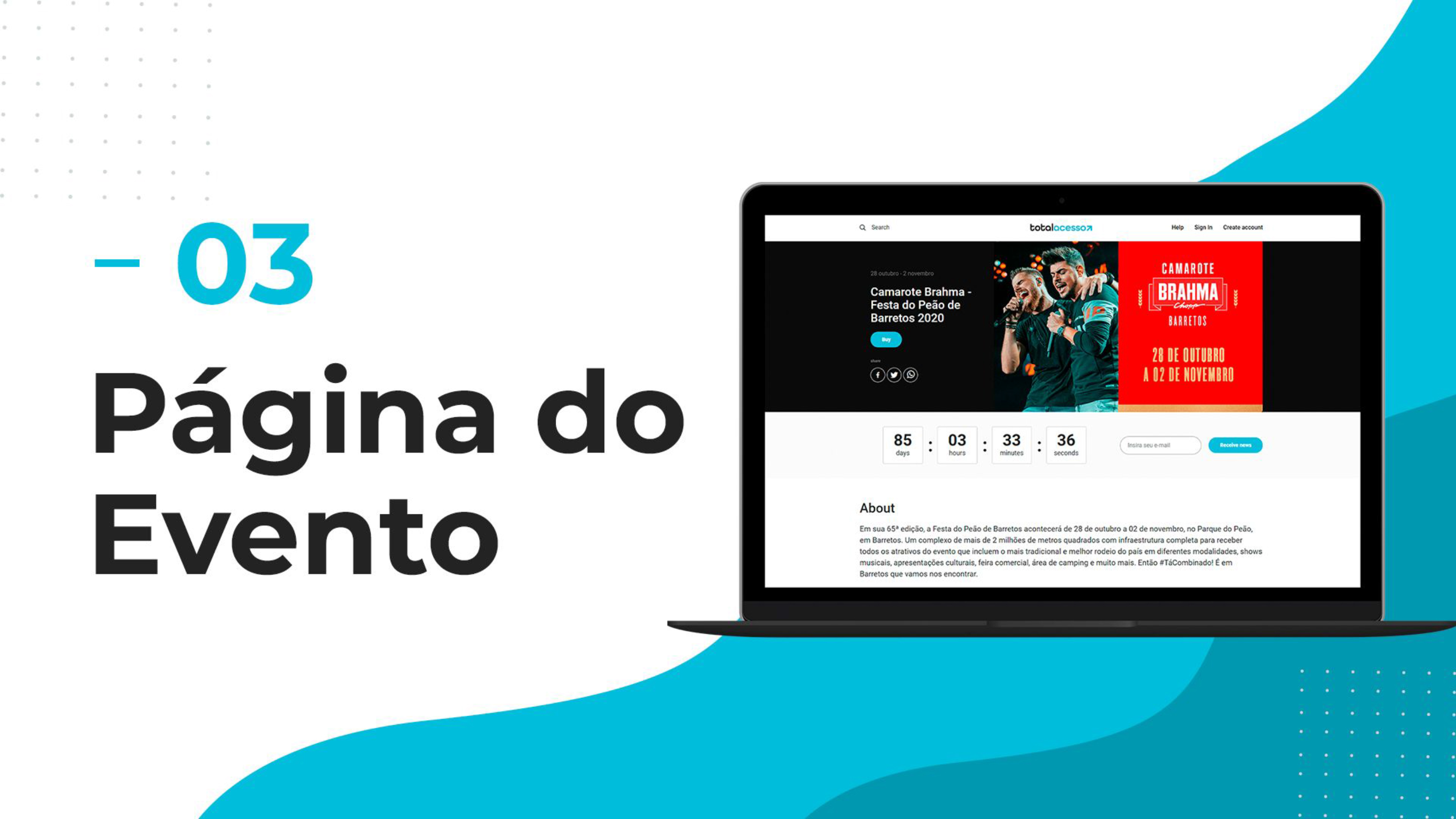 esta imagem mostra o item 03-página do evento e uma tela de computador com a página do evento no site da total acesso.