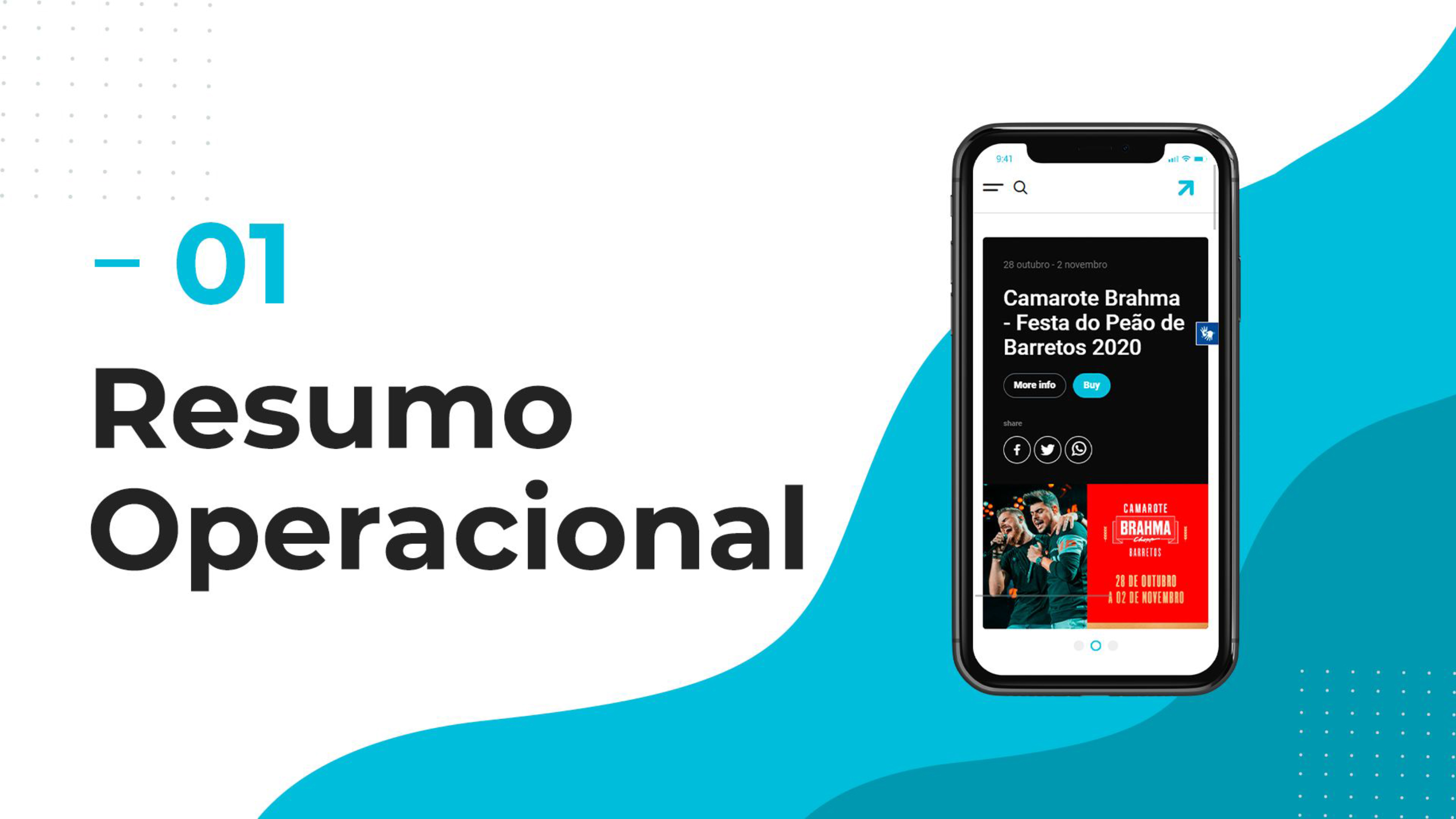 esta imagem contém o número 01-resumo operacional e um celular com a tela da página de um evento 