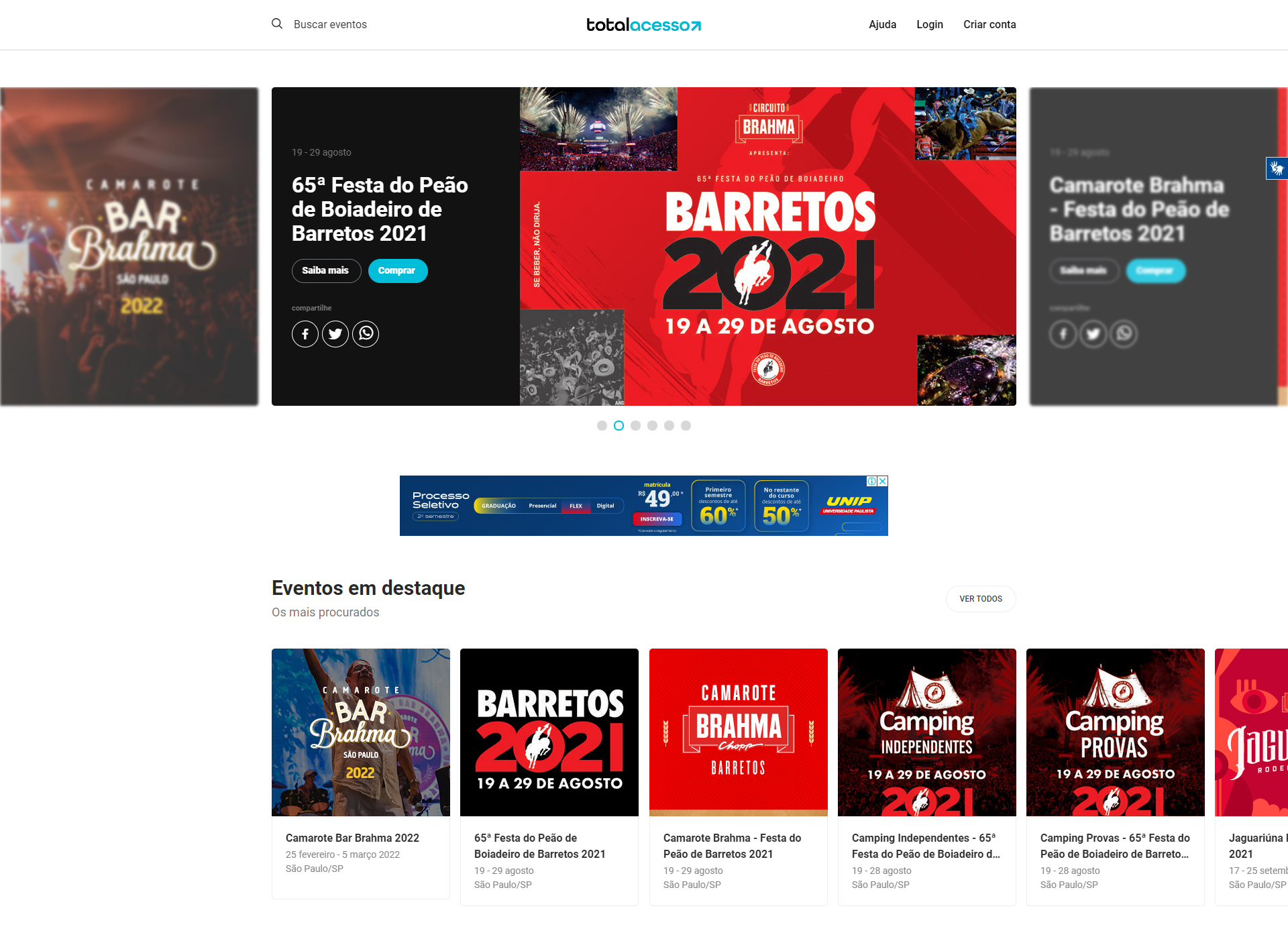 esta imagem mostra a página principal do site, onde contém os eventos principais e de maior destaque no banner rotativo contendo o logo, a data, o nome e o link para acessar. Logo abaixo, há os eventos em destaque, mostrando o logo, o nome do evento e a data de cada um. 