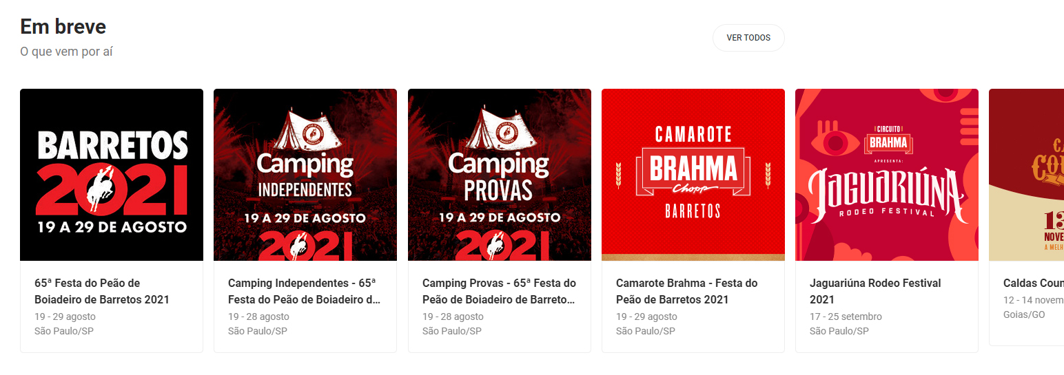 esta imagem mostra uma parte da página principal do site onde contém todos os eventos que irão acontecer em breve em ordem de dia, mostrando o logo, o nome do evento e a data de cada um. 