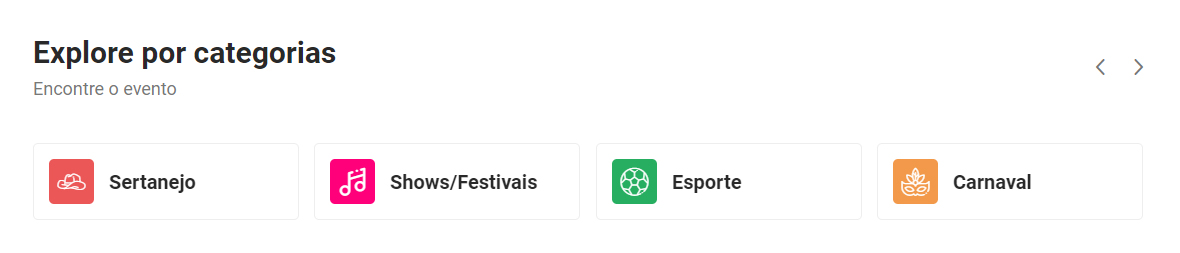 esta imagem mostra as categorias disponíveis no site e os ícones de cada uma: sertanejo, shows/festivais, esporte e carnaval